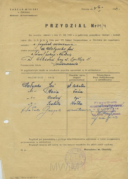 KKE 5438.jpg - Dok. Przydział mieszkaniowy. Przydział wydany przez Zarząd Miejski - referat kwaterunkowy w Ostródzie dla Jana Małyszko i jego rodziny, Ostróda, 3 XI 1947 r.